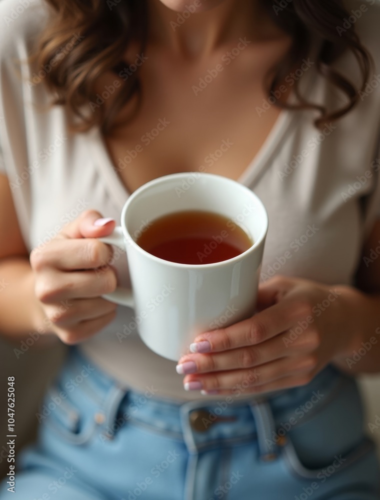 high angle woman holding white mug with tea high angle woman holding white mug with tea