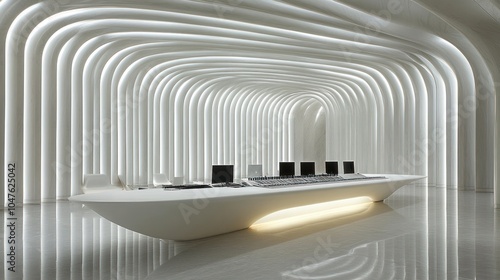 A modern, minimalist office interior with a long, curved desk and a white wall with arched patterns.