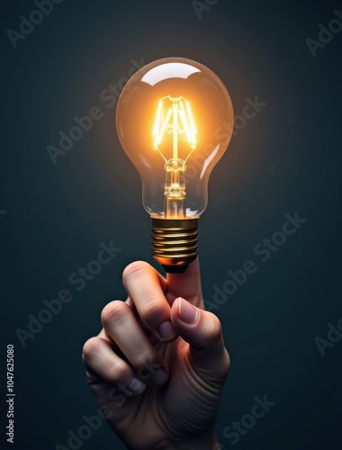 human finger pointing towards light bulb with great idea text