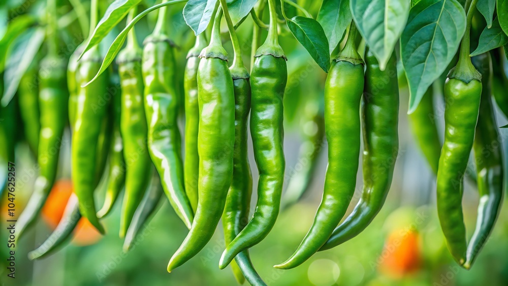 Create a close-up image of a green chili plant in a garden, highlighting its freshness and vitality. Create a close-up image of a green chili plant in a garden, highlighting its freshness and vitality.