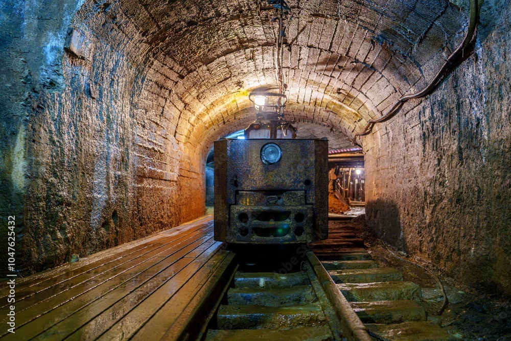 Naklejka premium A rusty old mine locomotive sits idle in a dark mine tunnel with wooden tracks and stone walls. The locomotive is old, rusty, and covered in dust and is in poor condition and no longer in use, gold