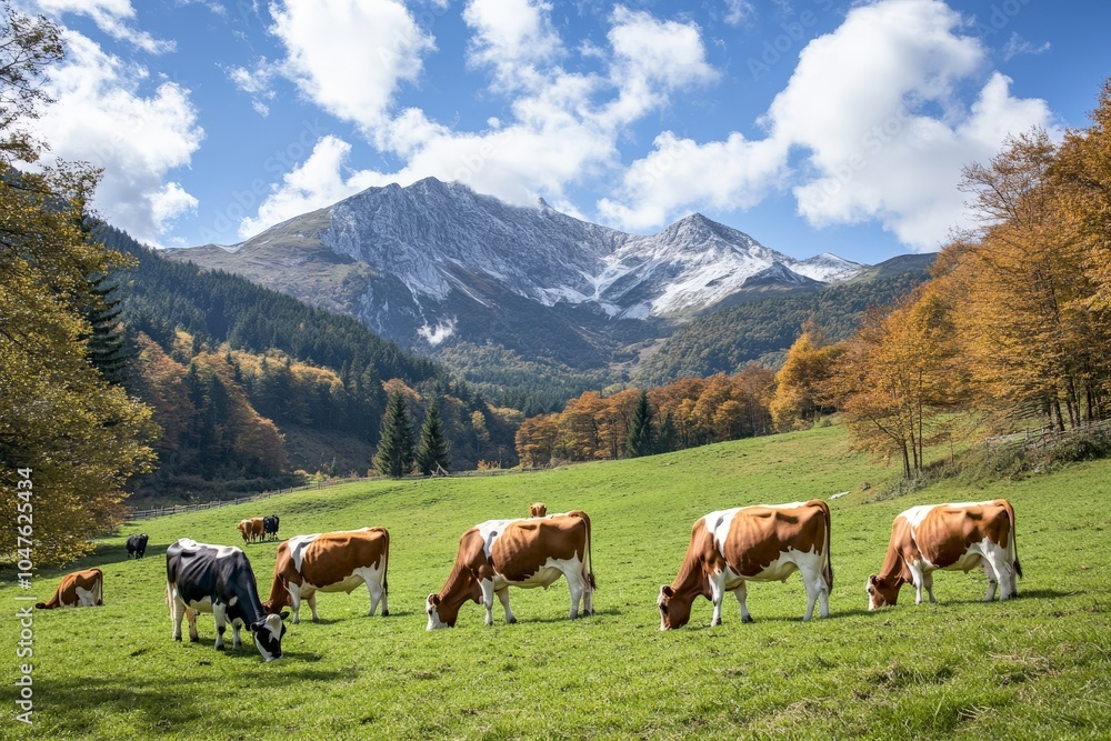Naklejka premium A group of cows are grazing on a green pasture