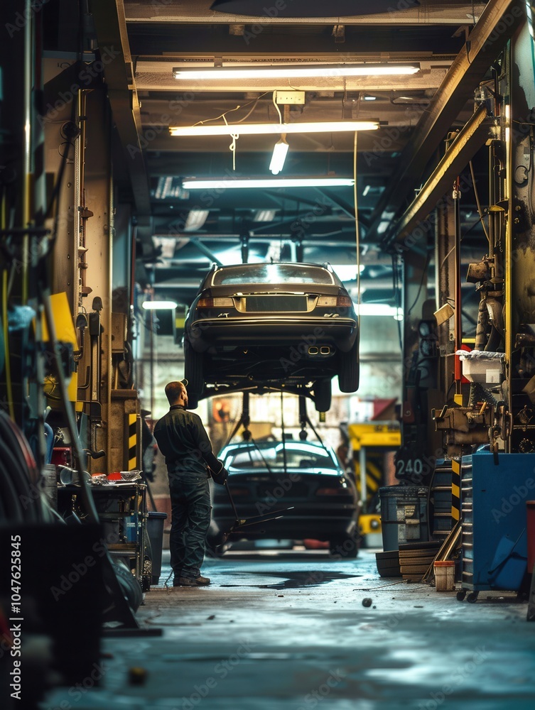 A mechanic focuses on repairs beneath a vehicle raised on a hoist in a well-lit garage, surrounded by tools and equipment. Generative AI A mechanic focuses on repairs beneath a vehicle raised on a hoist in a well-lit garage, surrounded by tools and equipment. Generative AI