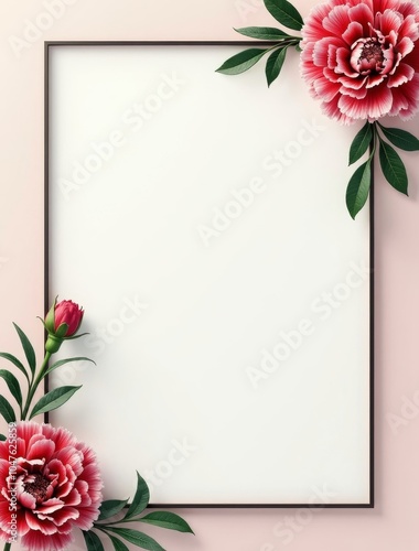 minimalist frame with carnation flowers leaves