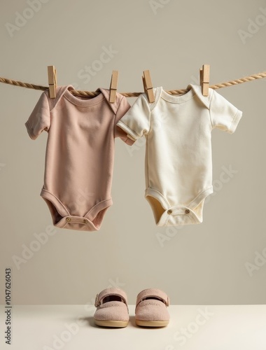 newborn concept with two shoes clothesline