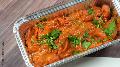 Mouth-watering dish a rich, creamy Indian curry. Chicken pieces coated in a spicy tomato sauce, garnished with fresh cilantro. photo