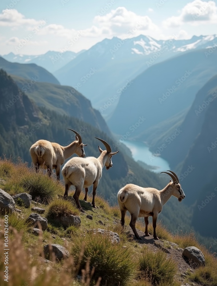 Naklejka premium panoramic view wild goats nature