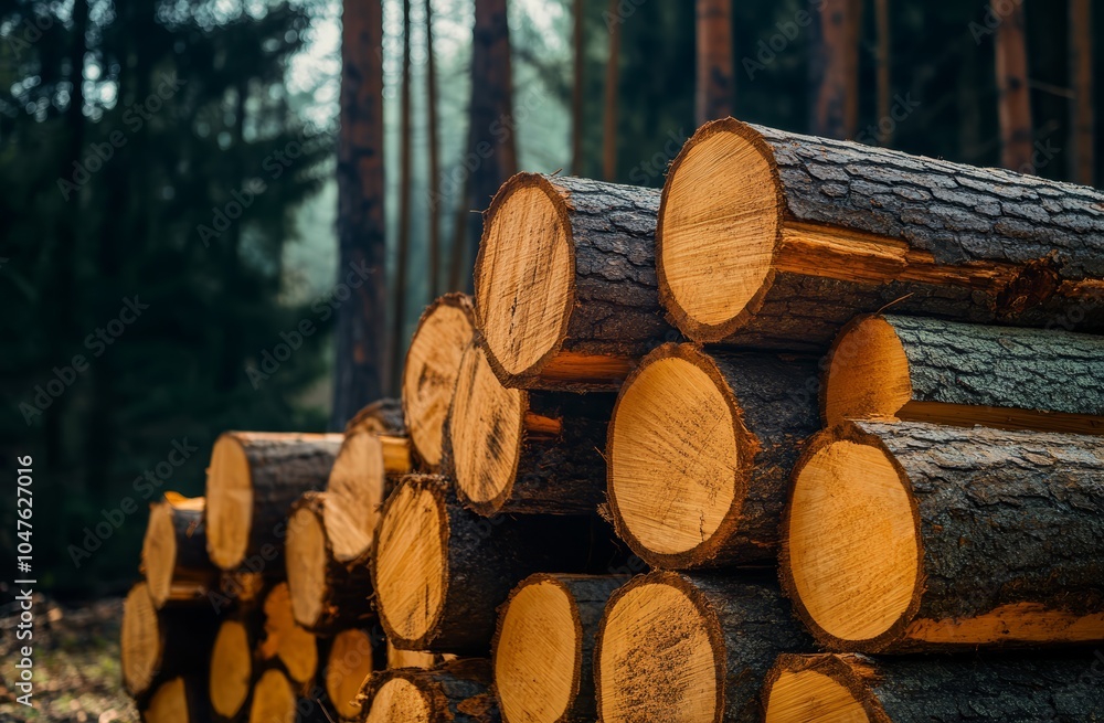 Freshly cut logs stacked in a serene forest, showcasing warm earthy tones. Freshly cut logs stacked in a serene forest, showcasing warm earthy tones.