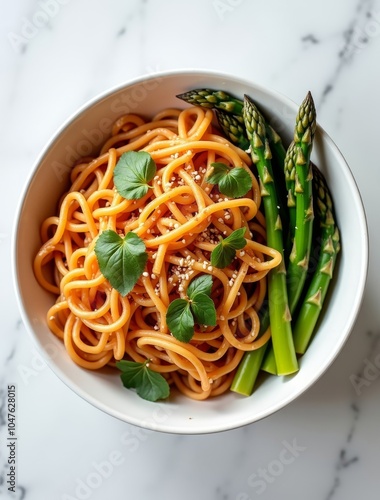 top view noodles bowl with asparagus photo