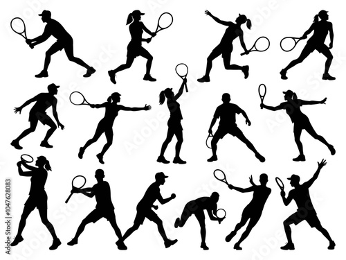 Collection of black and white silhouettes of tennis players in various poses