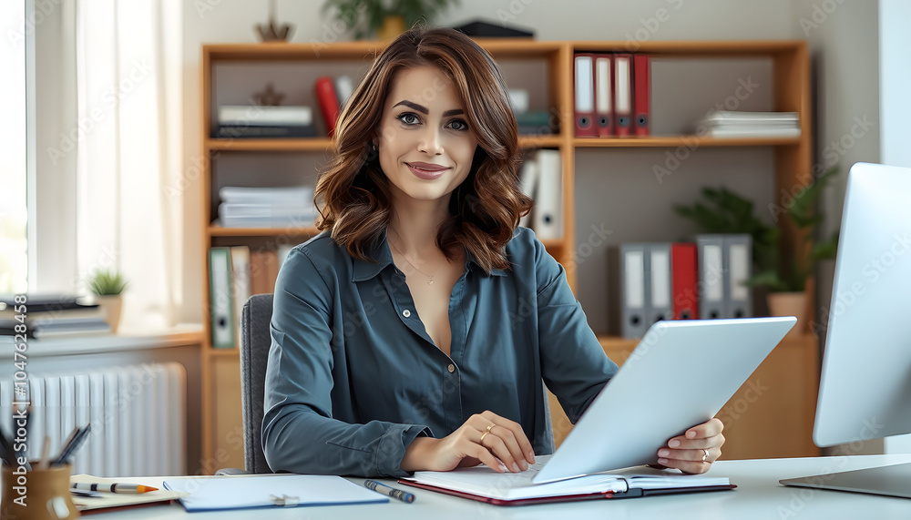 Confident lady looking at camera sitting in her home office at desk with open notebook isolated with white highlights, png Confident lady looking at camera sitting in her home office at desk with open notebook isolated with white highlights, png