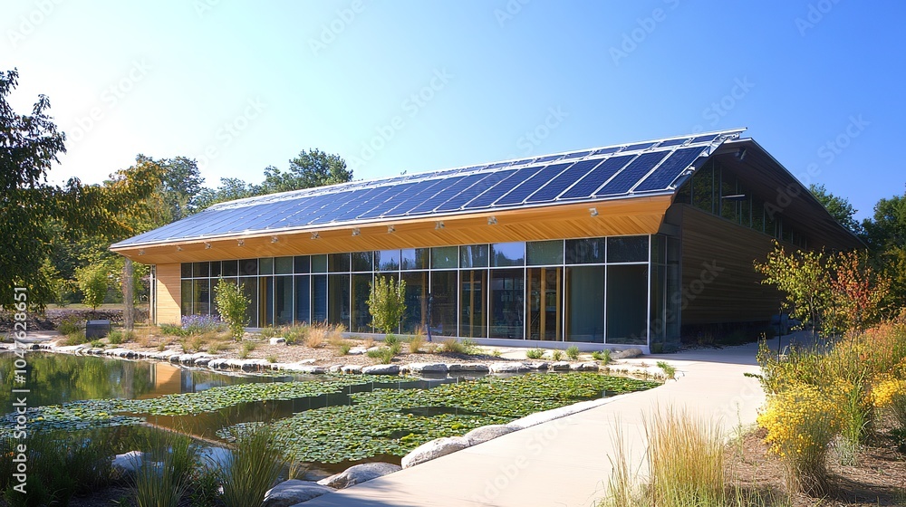 A community center offering environmental education programs, with exhibits on renewable energy and eco-friendly practices. A community center offering environmental education programs, with exhibits on renewable energy and eco-friendly practices.