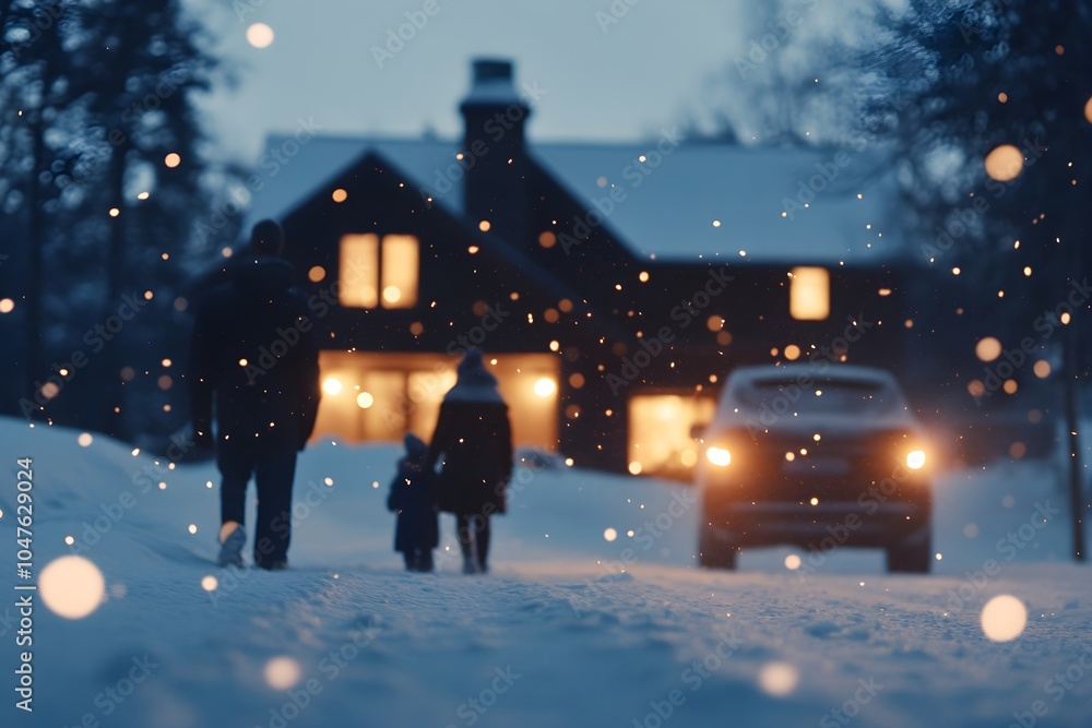 Fototapeta premium People walking in snowy evening near illuminated houses. Winter neighborhood atmosphere. Holiday season photography