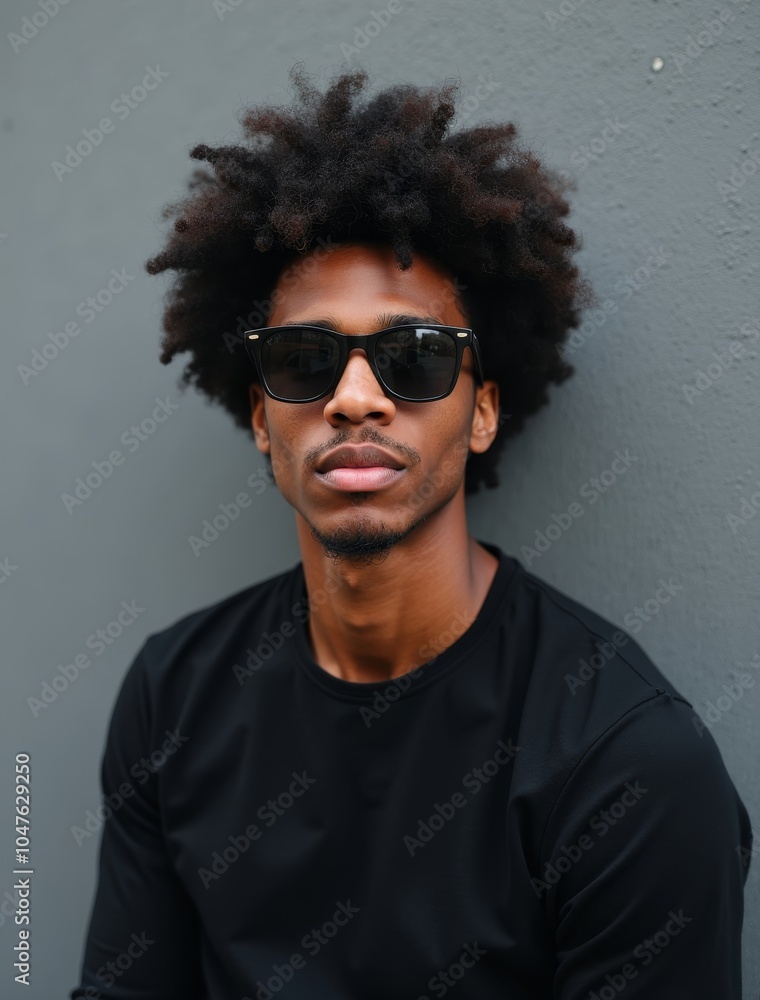 Fototapeta premium young ethnic curly man sunglasses black clothes against grey wall