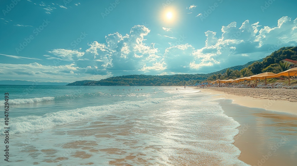 Fototapeta premium A scenic view of a sandy beach with turquoise water and a bright blue sky, sun shining down on the scene with clouds in the distance.
