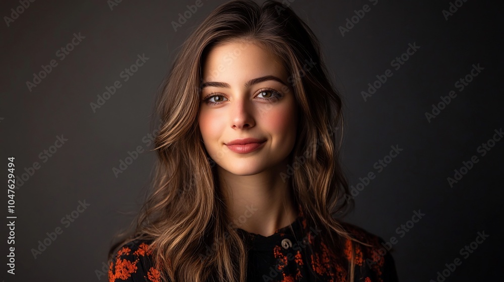 A young woman with long brown hair smiles at the camera in a close-up portrait. A young woman with long brown hair smiles at the camera in a close-up portrait.