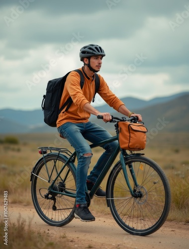 young man with bag riding bicycle