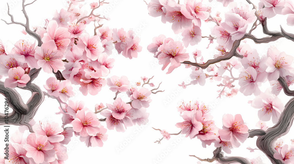 Pink cherry blossom on white background, isolated sakura tree branch. Cherry Blossom Grove. Illustration Pink cherry blossom on white background, isolated sakura tree branch. Cherry Blossom Grove. Illustration