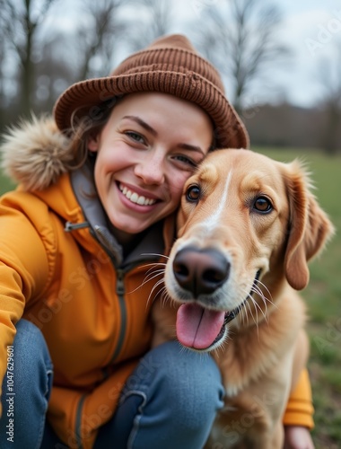 young woman with dog taking selfie