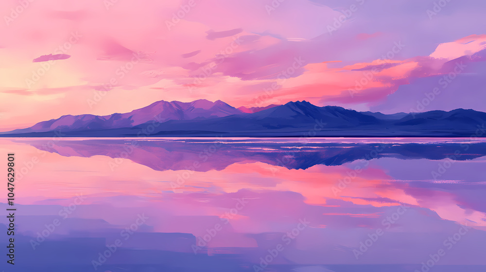Obraz premium Pink saltlake with vibrant hues of pink and purple reflections, pink, saltlake, vibrant, hues, purple, reflections, serene. Salt Flats. Illustration