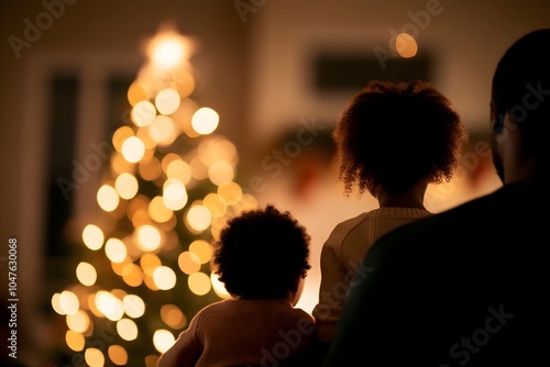 African american family watching christmas tree lights together. Holiday magic moment. Winter evening atmosphere