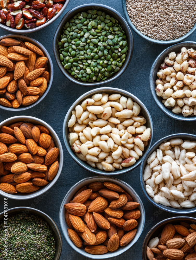 Delicious assortment of nuts and seeds in bowls, showcasing variety of textures and colors, perfect for healthy snacking or culinary toppings Delicious assortment of nuts and seeds in bowls, showcasing variety of textures and colors, perfect for healthy snacking or culinary toppings