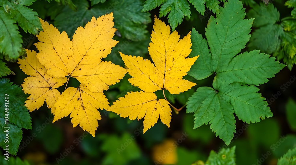 Pale yellow and vibrant green leaves with visible texture in an autumn forest close-up