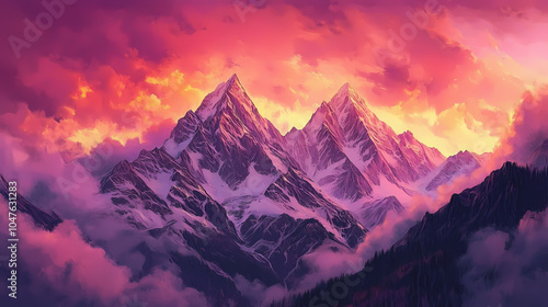 Majestic mountain range beneath a crimson sunset with snow-capped peaks. Snow-Capped Peaks. Illustration