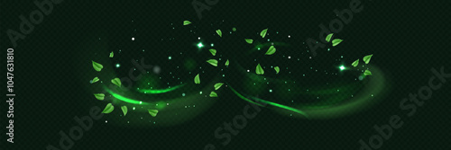 Green fresh air or wind effect set on transparent background. Glow swirl light. Realistic vector illustration