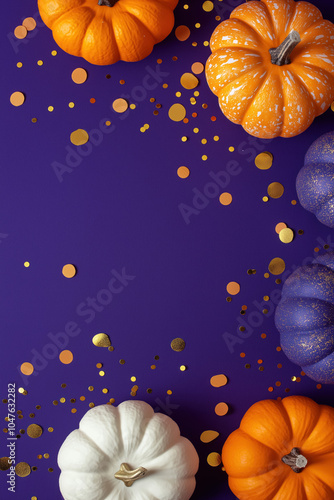 festive autumn pumpkin arrangement with golden confetti for halloween and thanksgiving decorations photo