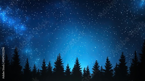 A magical night sky filled with stars features Santa Claus on his sleigh, led by reindeer, gliding over a dark forest silhouette.