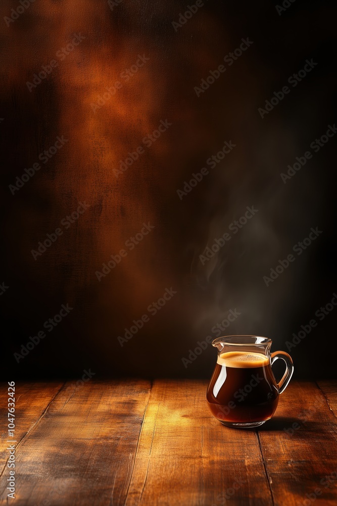 Warm morning coffee in a glass pitcher on a rustic wooden table with a smoky backdrop Warm morning coffee in a glass pitcher on a rustic wooden table with a smoky backdrop