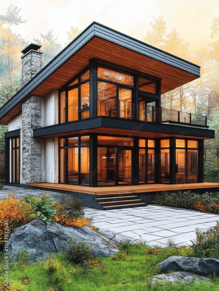 Modern house with large windows and stone accents surrounded by autumn foliage. Modern house with large windows and stone accents surrounded by autumn foliage.