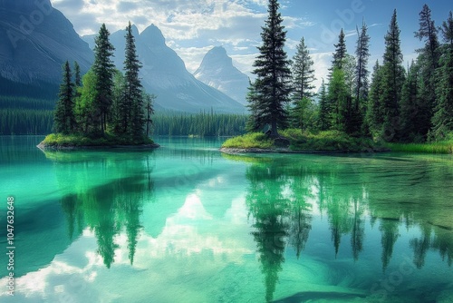 Jasper National Park. Spirit Island on Emerald Green Lake in Alberta, Canada photo