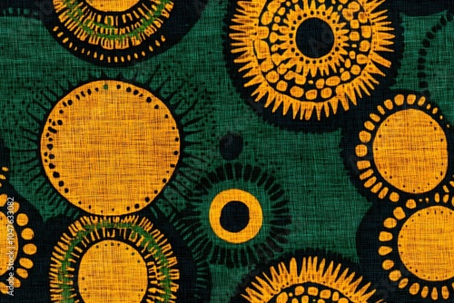 African tribal seamless pattern with yellow sun circles on green background. Traditional ethnic ornament design. Geometric fabric print with textile texture for fashion concept photo