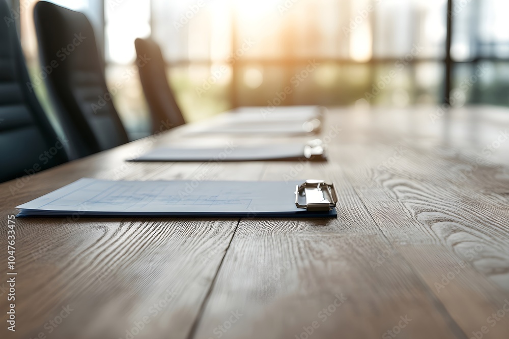 Business documents with clipboard on wooden conference table. Corporate paperwork in modern meeting room at sunrise. Professional workplace interior Business documents with clipboard on wooden conference table. Corporate paperwork in modern meeting room at sunrise. Professional workplace interior