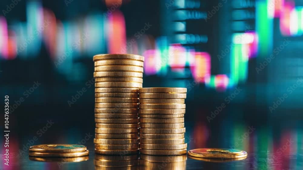 A stack of gold coins reflecting market data in a financial setting during the evening hours A stack of gold coins reflecting market data in a financial setting during the evening hours