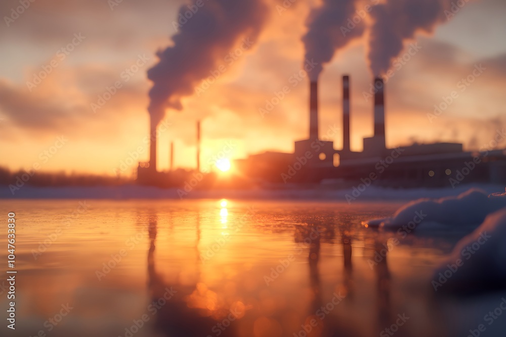 Industrial chimneys reflecting in frozen lake at golden sunset. Environmental impact concept with factory emissions. Winter landscape with pollution theme and copy space Industrial chimneys reflecting in frozen lake at golden sunset. Environmental impact concept with factory emissions. Winter landscape with pollution theme and copy space