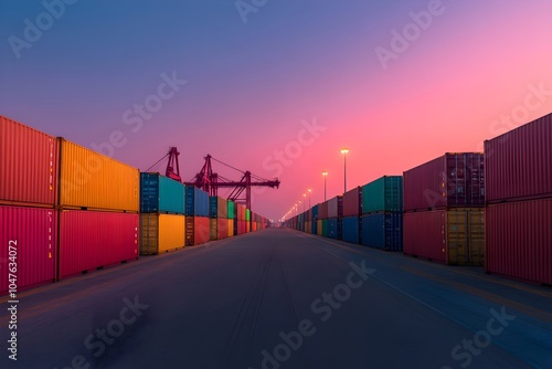 Wallpaper Mural Colorful shipping containers in rows at sunset with pink sky. Container terminal with cargo cranes silhouettes. International trade and logistics concept Torontodigital.ca