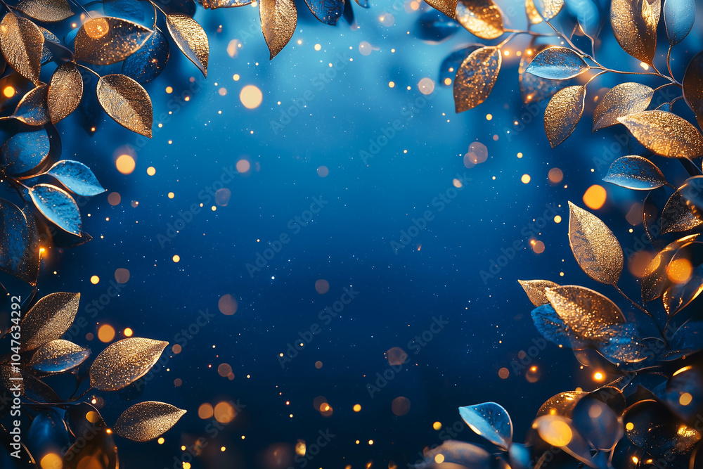 Elegant blue and gold frame with decorative leaves and sparkling bokeh lights.
Elegant blue and gold frame with decorative leaves and sparkling bokeh lights.