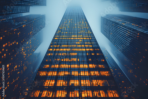 Wallpaper Mural Majestic skyscraper rises through dense fog with warm lights illuminating windows.
 Torontodigital.ca