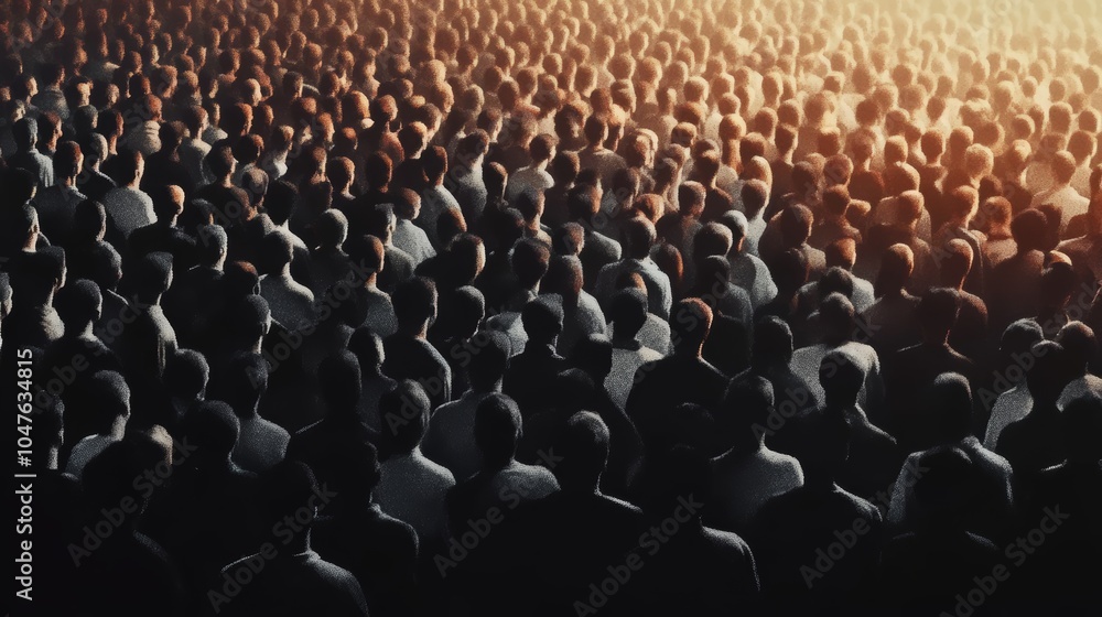 Obraz premium A diverse group of people gathered in a large crowd during a sunset.