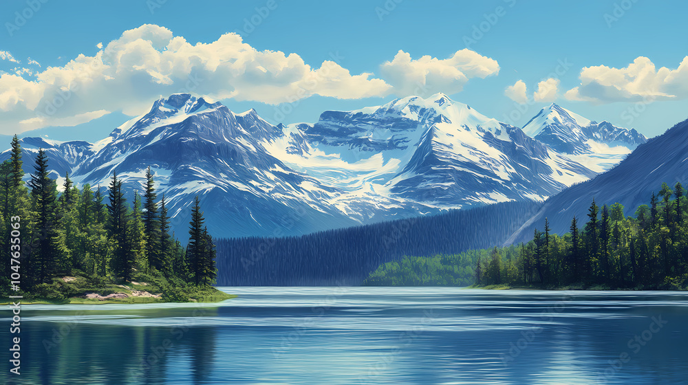 Massive snow-capped peaks of the rocky mountains rise dramatically above serene lake waters, surrounded by lush green forests and vast blue skies in montana. Snow-Capped Peaks. Illustration Massive snow-capped peaks of the rocky mountains rise dramatically above serene lake waters, surrounded by lush green forests and vast blue skies in montana. Snow-Capped Peaks. Illustration