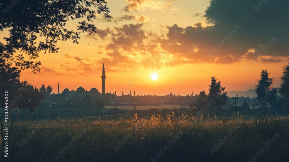 A tranquil sunset over a peaceful village, with the silhouette of a mosque marking the spirit of Id ul Zuha. A tranquil sunset over a peaceful village, with the silhouette of a mosque marking the spirit of Id ul Zuha.
