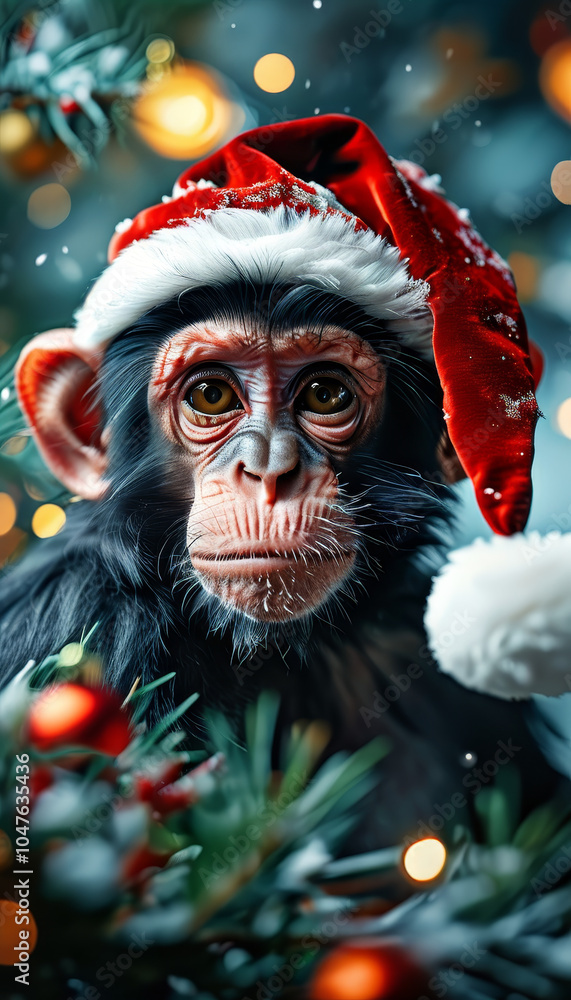 Realistic Christmas monkey wearing a Santas Hat, magical winter decoration, cute Xmas animal, snow, Christmas ornaments, festive holiday, animal, cozy snow-covered scene, holiday animal decor Realistic Christmas monkey wearing a Santas Hat, magical winter decoration, cute Xmas animal, snow, Christmas ornaments, festive holiday, animal, cozy snow-covered scene, holiday animal decor