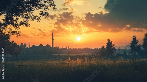 A tranquil sunset over a peaceful village, with the silhouette of a mosque marking the spirit of Id ul Zuha. photo