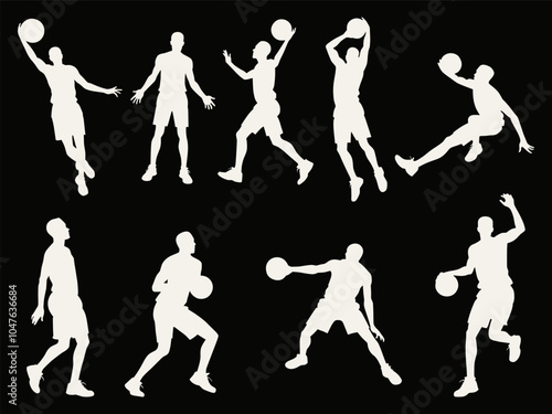 Black silhouettes of basketball players in action poses