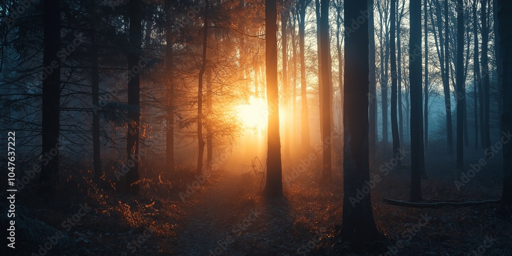 Sunlight breaks through a dense forest, casting dramatic shadows on the ground, creating a mystical atmosphere. Sunlight breaks through a dense forest, casting dramatic shadows on the ground, creating a mystical atmosphere.
