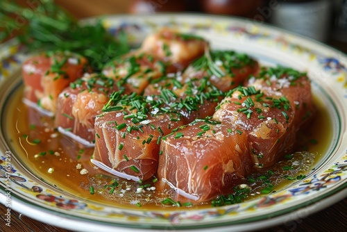 A plate of Russian aspic, zalivnoe, featuring beautifully arranged pieces of meat or fish in a clear gelatin, garnished with herbs photo