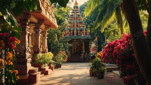 A view of a local temple in Nagercoil, surrounded by lush greenery and vibrant flowers, showcasing its spiritual essence.